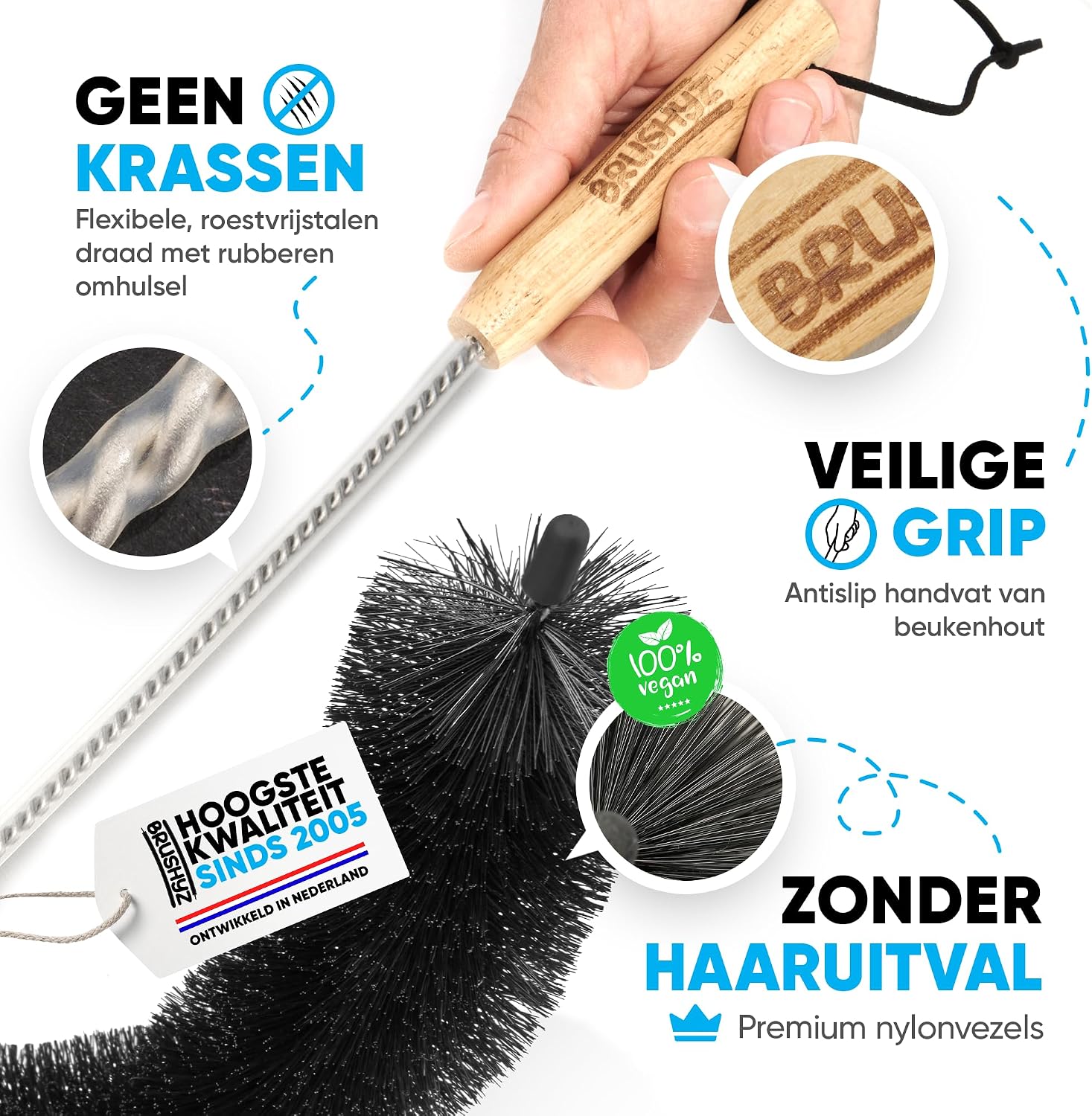Detalle de BRUSHYZ BRU-003 radiatorborstel, 117 cm, flexibel met zachte nylon haren