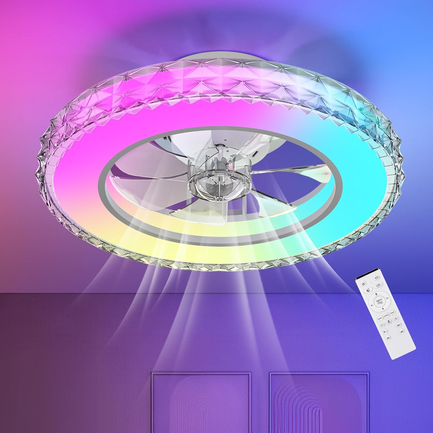 Detalle de Ateroll 43.5cm Ceiling Fan with Lights: Quiet DC Motor, Remote, 6 Speeds, Dimmable RGB Lighting