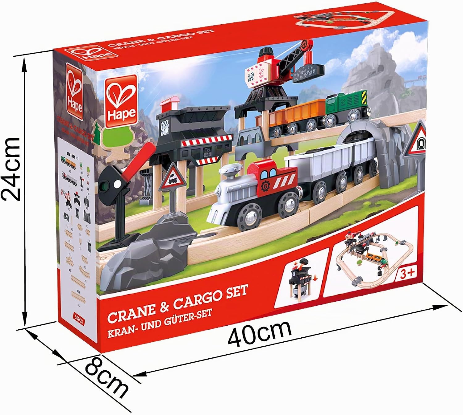 Thumbnail 3 de Hape Eisenbahnwelt Frachtlieferung-Eisenbahn – Holzeisenbahn-Set mit Lok, Wagons und Zubehör, 19 Teile