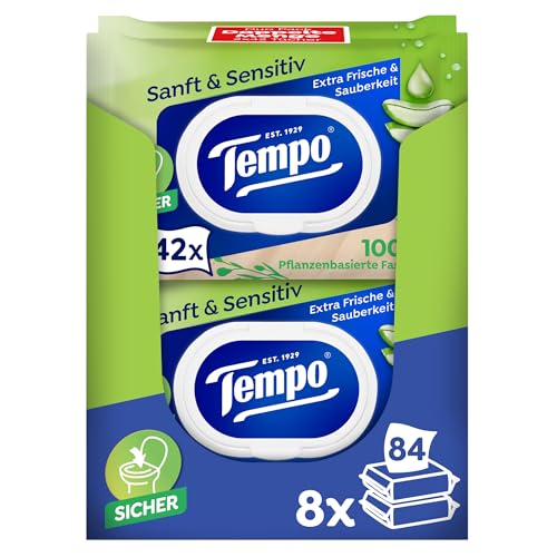Tempo Feuchte Toilettentücher "Sanft & Sensitiv" Megapack – 16 x 42 Tücher, Aloe Vera, pH-hautneutral, dermatologisch getestet
