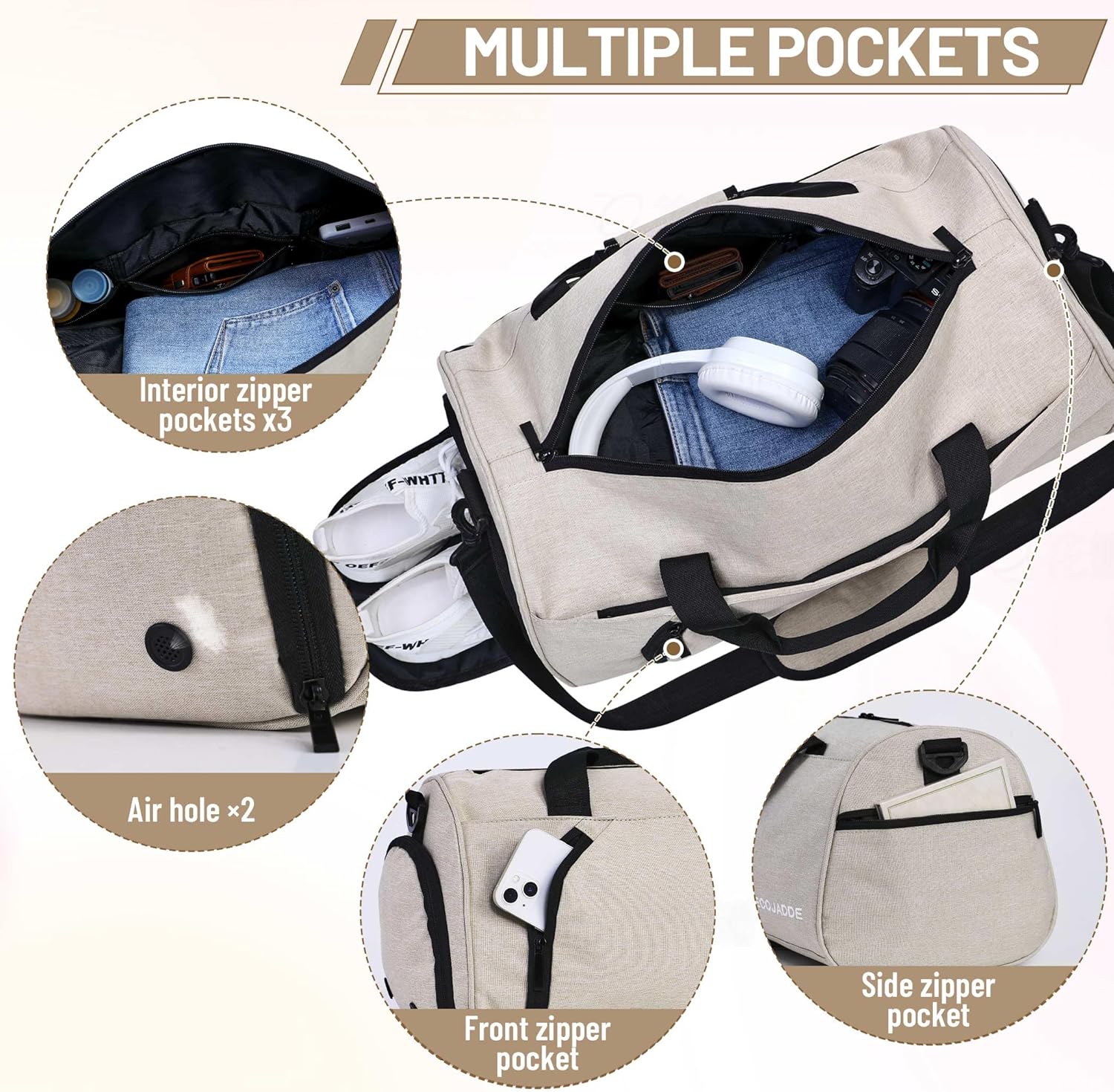 Thumbnail 2 de BECOJADDE Gym Bag for Women and Men with Shoe Compartment & Wet Pocket, 35L – Beige