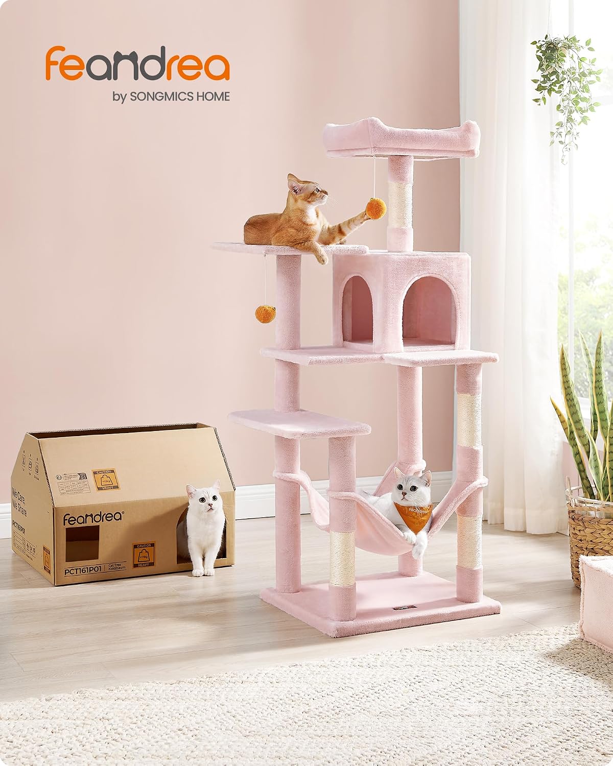 Detalle de Feandrea Albero per Gatti Alto 143 cm, tiragraffi multifunzione in peluche rosa pastello