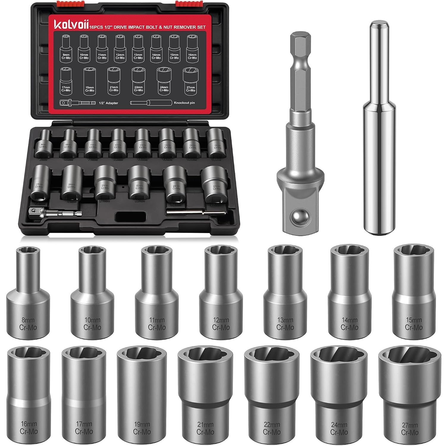 Detalle de Kolvoii CA-TK-017 Bolt Extractor Set, 16-Piece 1/2-Inch Drive CR-MO Steel