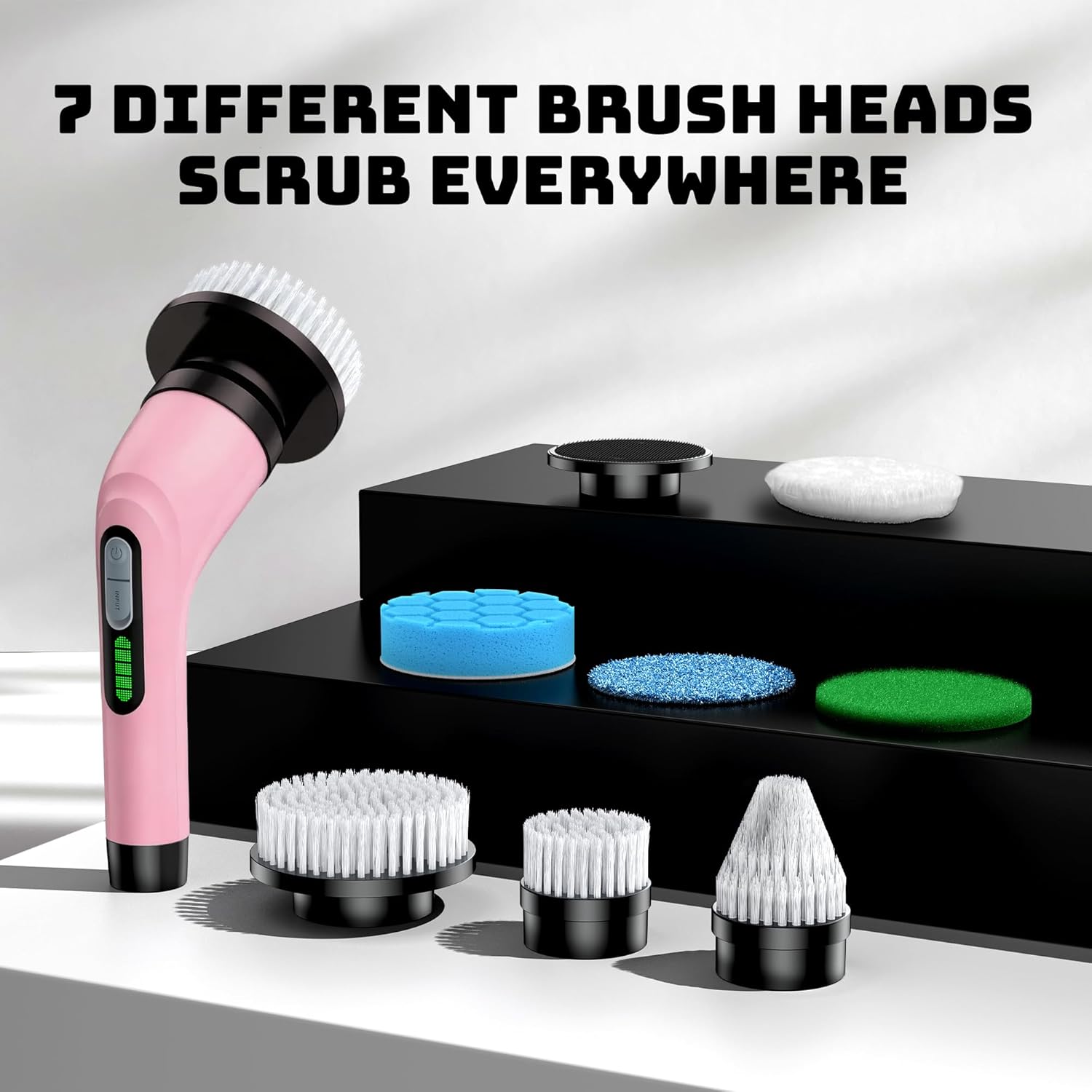 Detalle de Shower Scrubber with Long Handle: Cordless Electric Spin Scrubber with 7 Brush Heads (USB-C, IPX7)