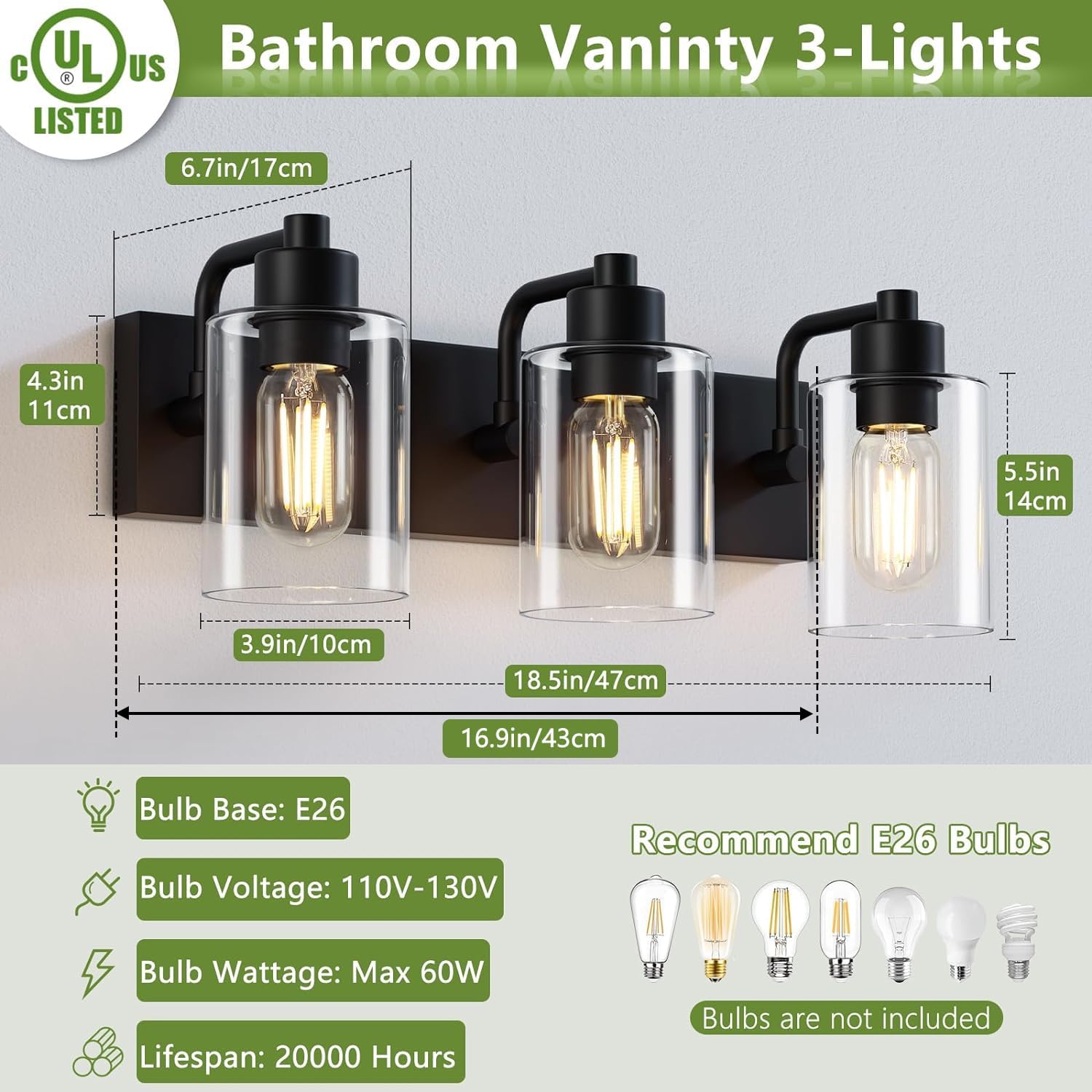 Thumbnail 1 de Dpyrrhic JD-12 3-Light Vanity Fixture, Matte Black with Clear Glass Shades