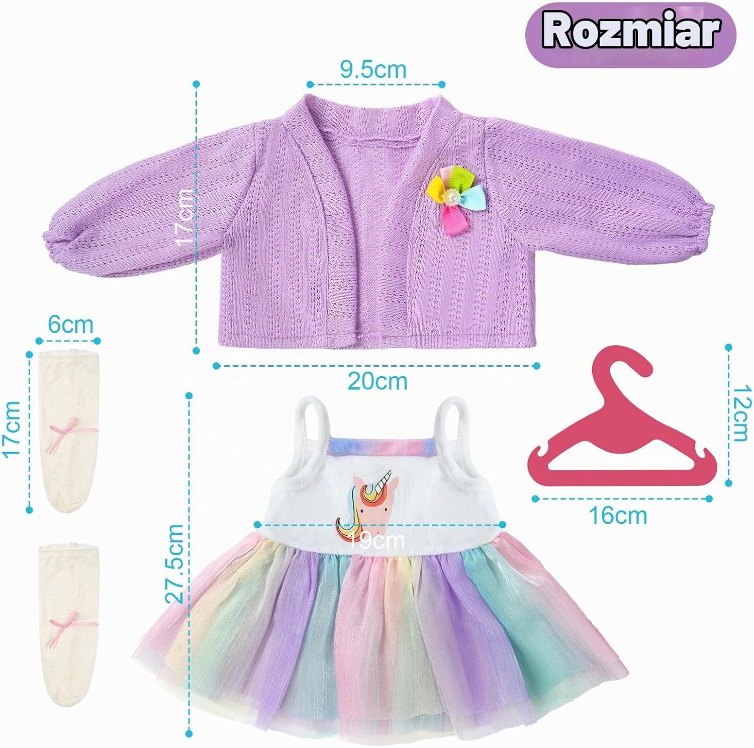 Thumbnail 1 de Aolso EUV8-WWYF-DJCQ-FBA – ubranka dla lalek 35–45 cm, motyw jednorożca