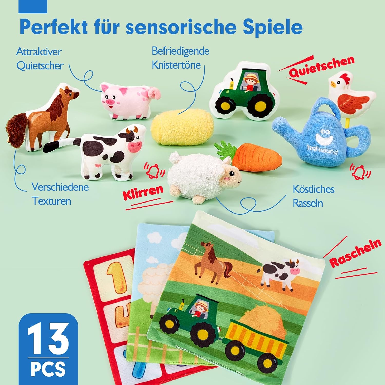 Thumbnail 4 de hahaland Baby Spielzeug Bauernhof-Schatzkiste mit 9 Rasseln, Spiegel & Stofftüchern (6–12 Monate)