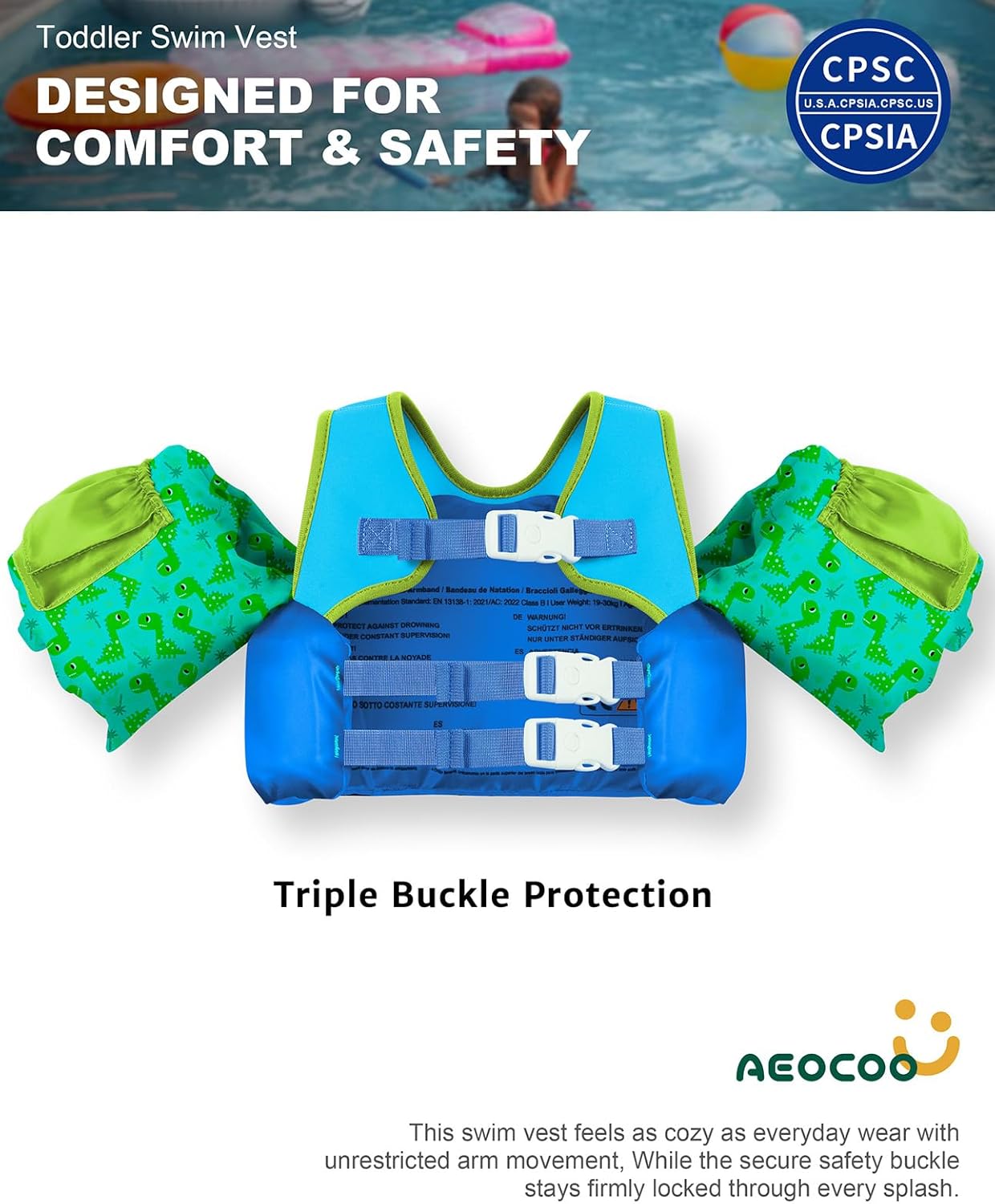 Thumbnail 1 de AEOCOO Puddle Float Jumper Toddler Swim Vest (20–30–50–60–70 lbs) with Swim Arm Floaties & Water Wings