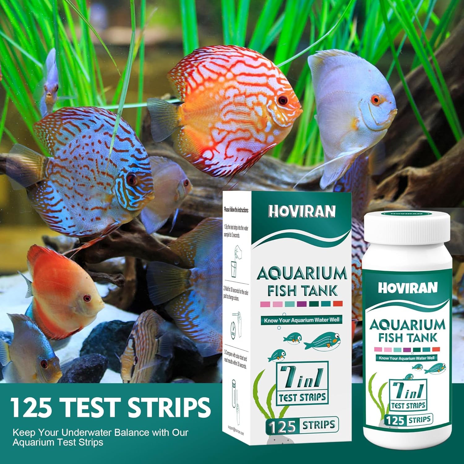 Detalle de HOVIRAN 7-in-1 Aquarium Teststreifen (125 Stück) für Süß- und Salzwasser