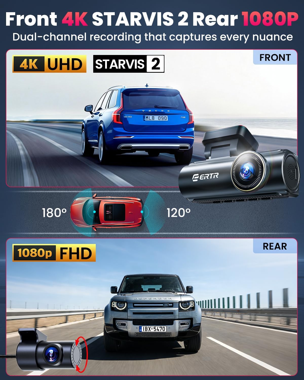 Thumbnail 1 de 4K Dash Cam Front and Rear with 64GB SD Card — Dual 4K/1080P, 5GHz Wi‑Fi, App Control