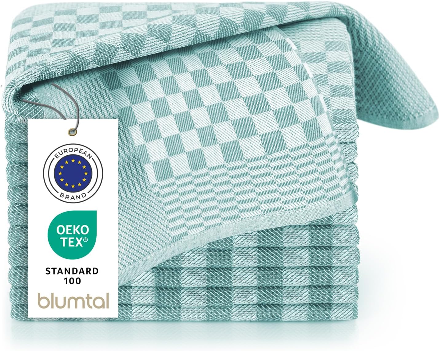 Detalle de Blumtal torchon Cuisine – Lot de 20, 50 x 70 cm, coton 100%, motif carreaux vert menthe, certifiés Oeko-Tex