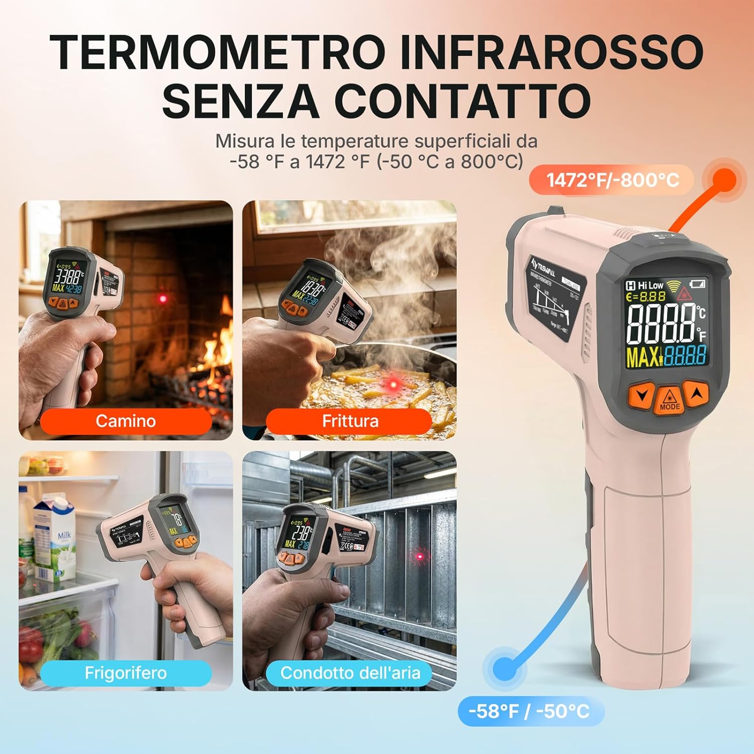 Detalle de Tilswall Termometro Infrarossi Professionale con Sonda per Carne e Display LCD a Colori – Rosa