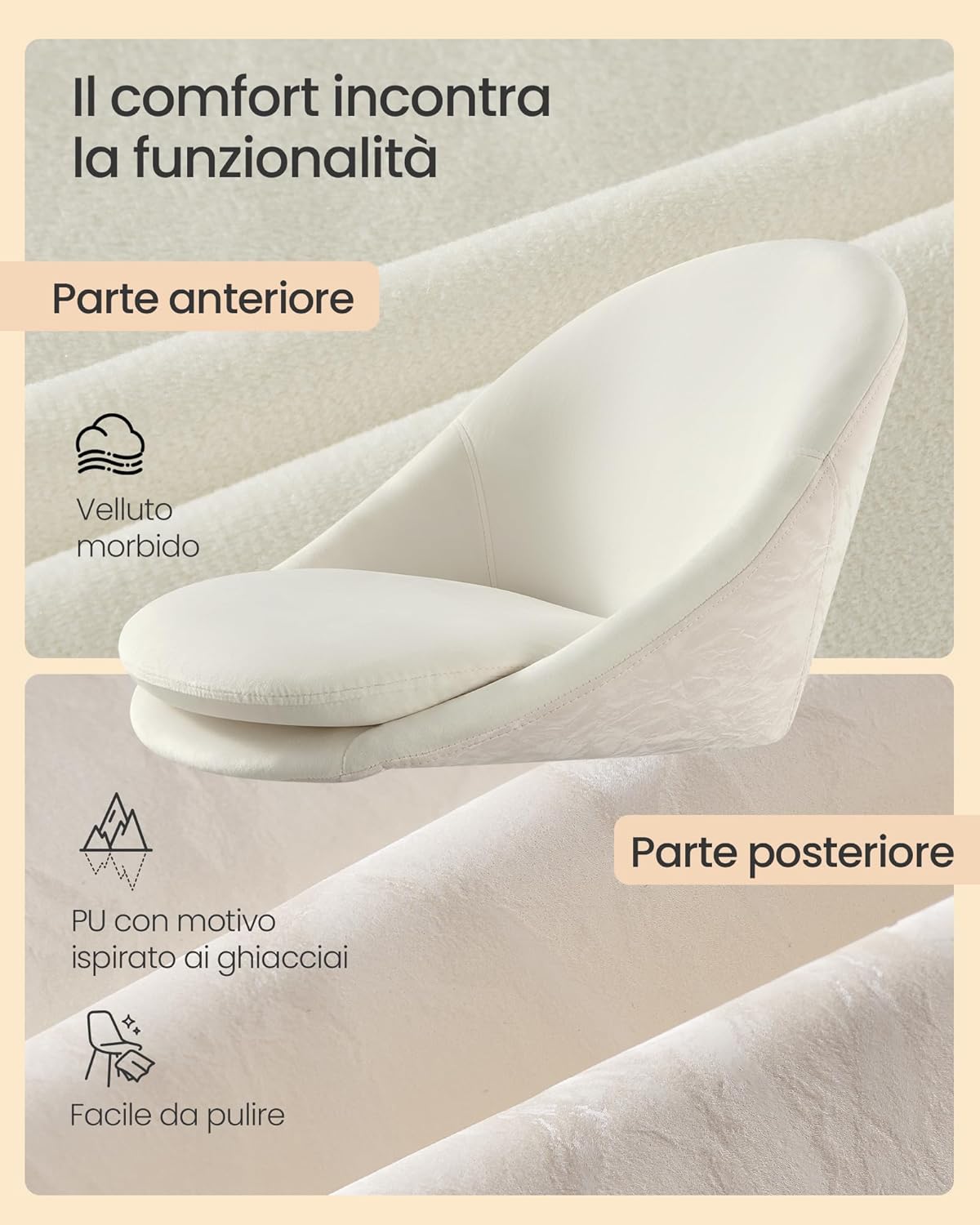 Thumbnail 3 de SONGMICS Sedia da Studio OBG020WD01: Sedia girevole imbottita in velluto crema, altezza regolabile (60 x 60 cm)