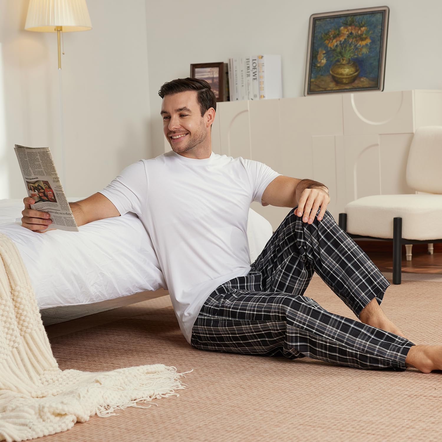 Detalle 2 de MoFiz Men’s Ultra Lightweight Cotton Pajama Pants (Plaid) with Pocket, Drawstring, 3-Pack