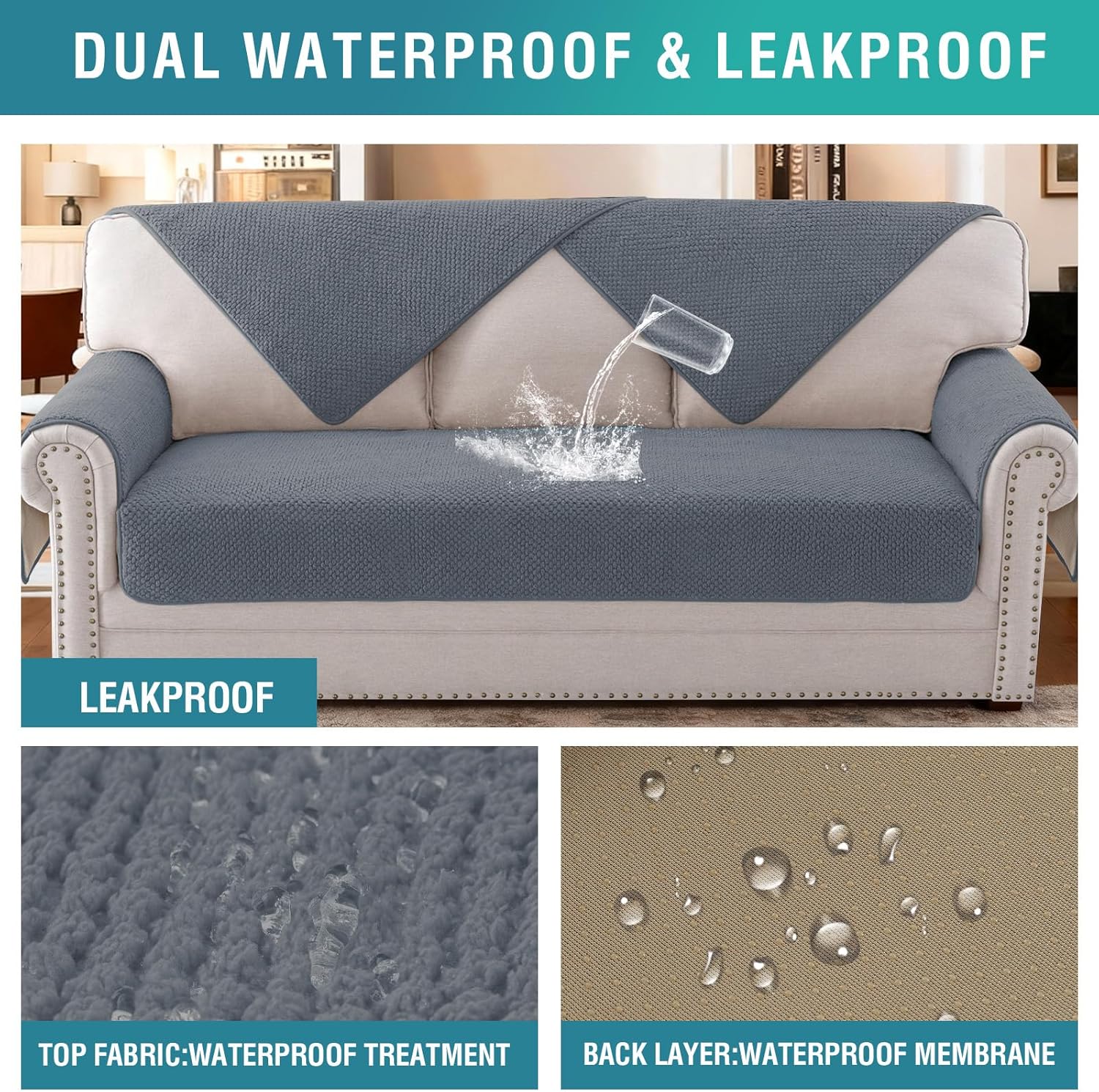 Detalle de BellaHills Sofa Überzug Waschbar – Wasserdicht, rutschfest und universell einsetzbar (90 x 120 cm) grau