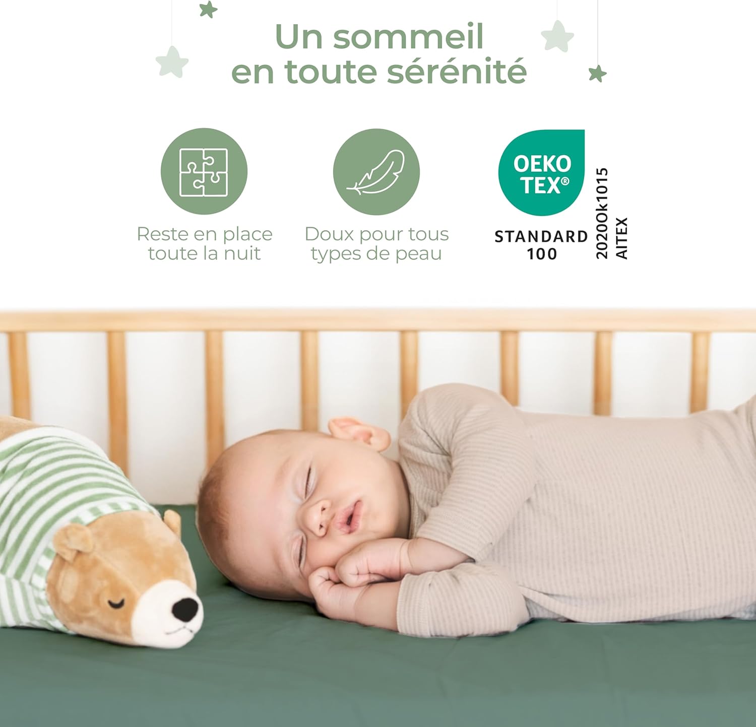 Detalle de Dreamzie Lot de 2 Drap-Housse cododo 40x90 cm – Coton certifié Oeko-Tex, Vert Sauge / Blanc
