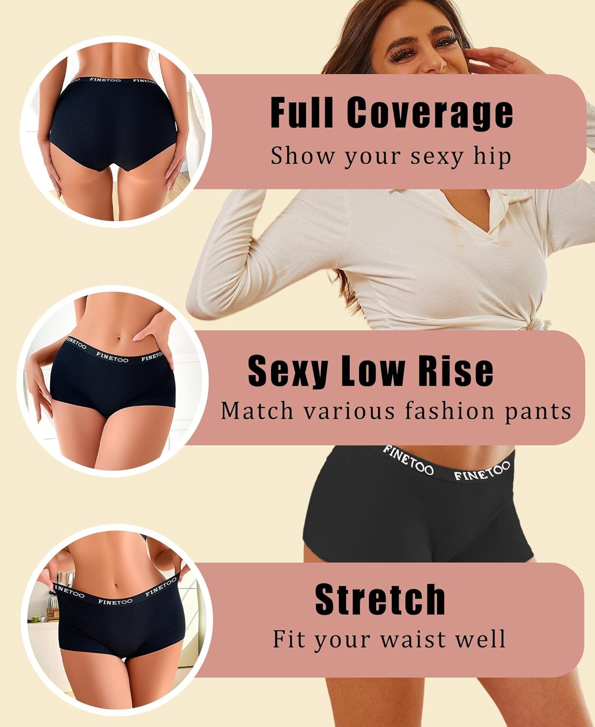 Thumbnail 3 de FINETOO 5er-Pack Boxershorts für Damen aus Baumwolle (Slip/Unterhosen, atmungsaktiv, weicher Bund)
