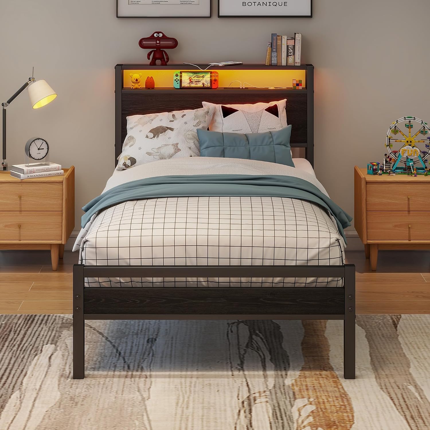 Detalle de BORPHOM Letto in metallo e legno 90x200 cm con ricarica USB-C e vano portaoggetti