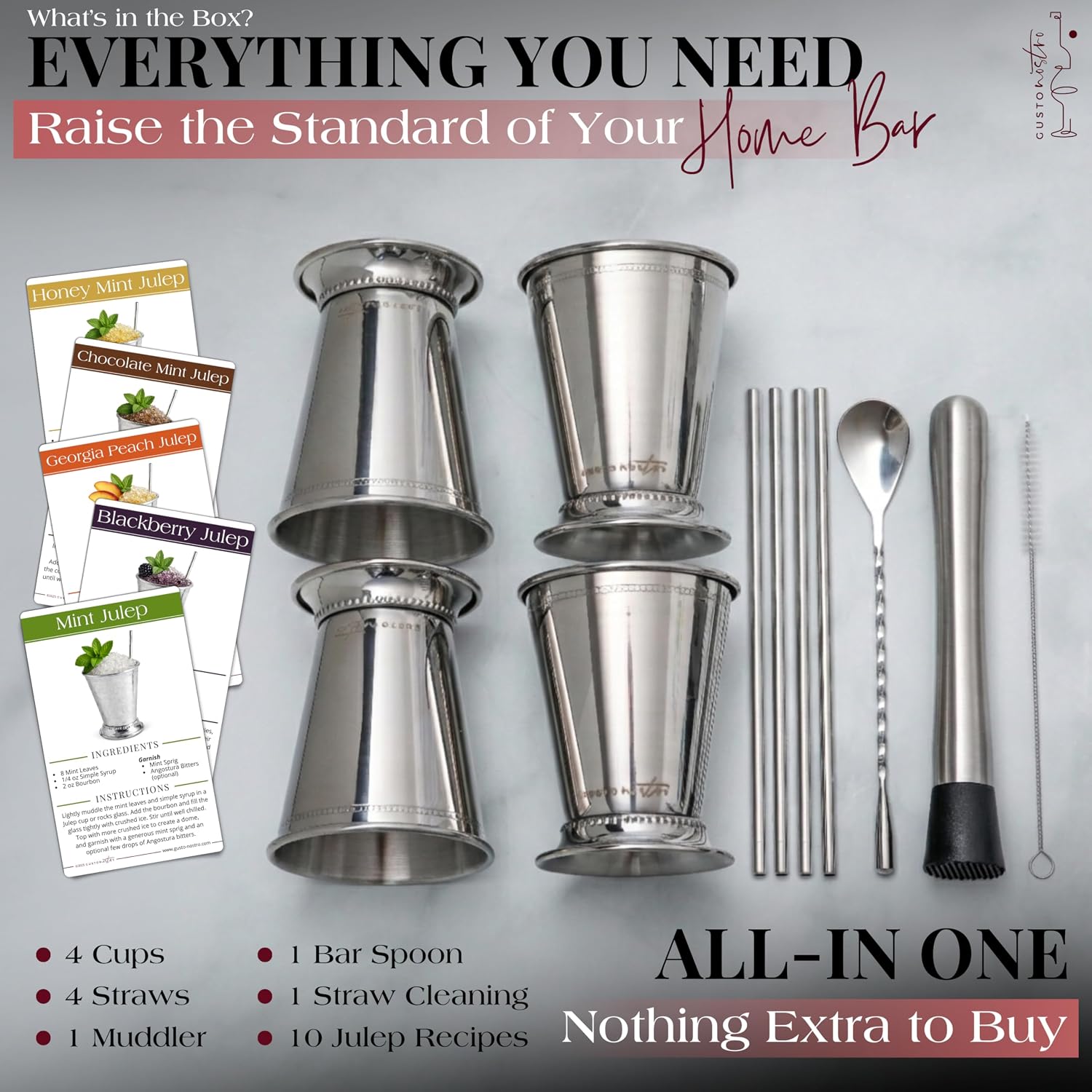 Thumbnail 1 de Gusto Nostro Mint Julep Cups Set of 4 (Stainless Steel) with Straws, Muddler, Spoon & Recipe Cards