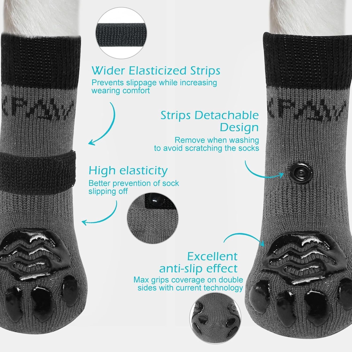 Detalle de EXPAWLORER Anti-slip Dog Socks with Grips (Gel) — Double-sided paw protectors for hardwood floors, Black, XL