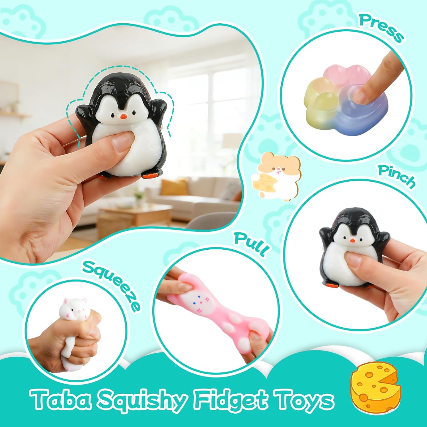 Detalle de Taba Squishy 4-Piece Kit: Cat, Cat Paw, Penguin & Hamster – Stress Relief Fidget Toys