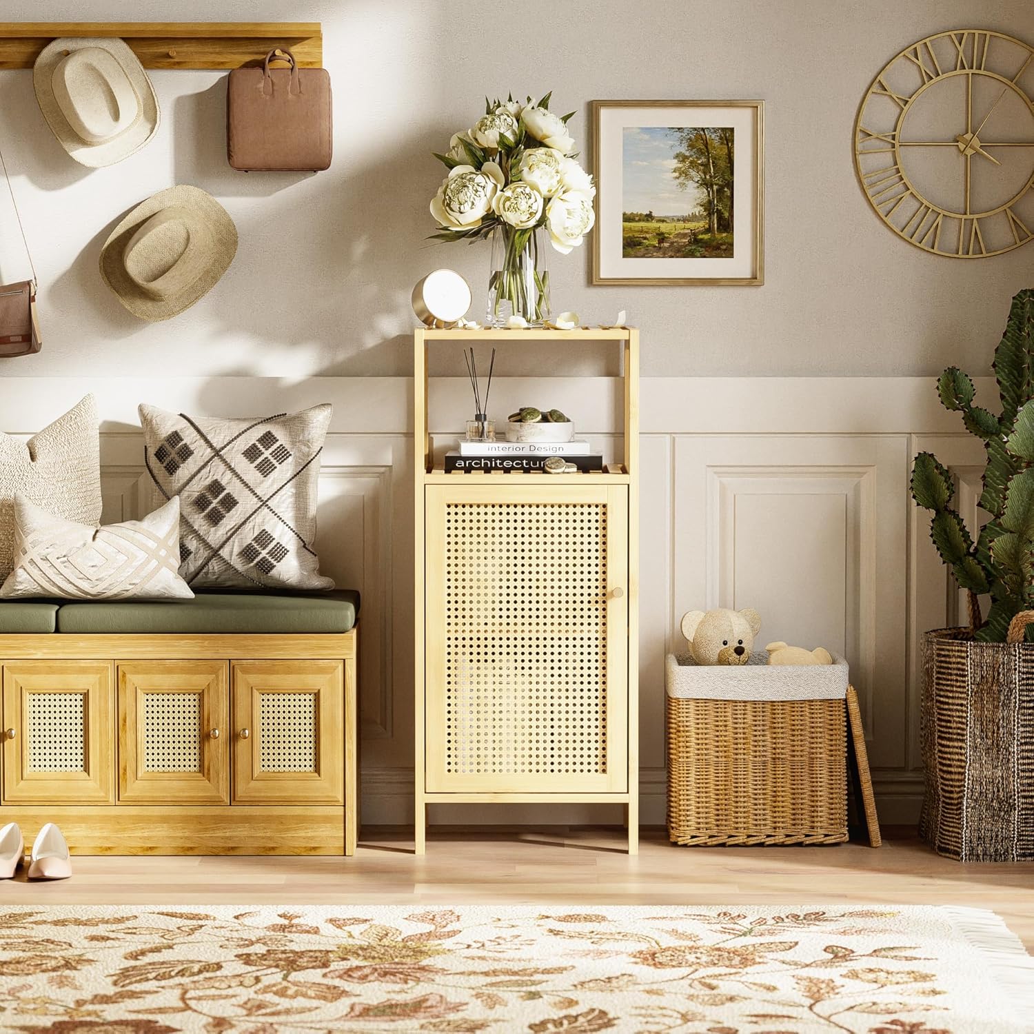 Thumbnail 1 de HITNET Rattan Badezimmerschrank mit Einzeltür – schmaler Bambus-/Rattan-Bodenschrank für enge Ecken