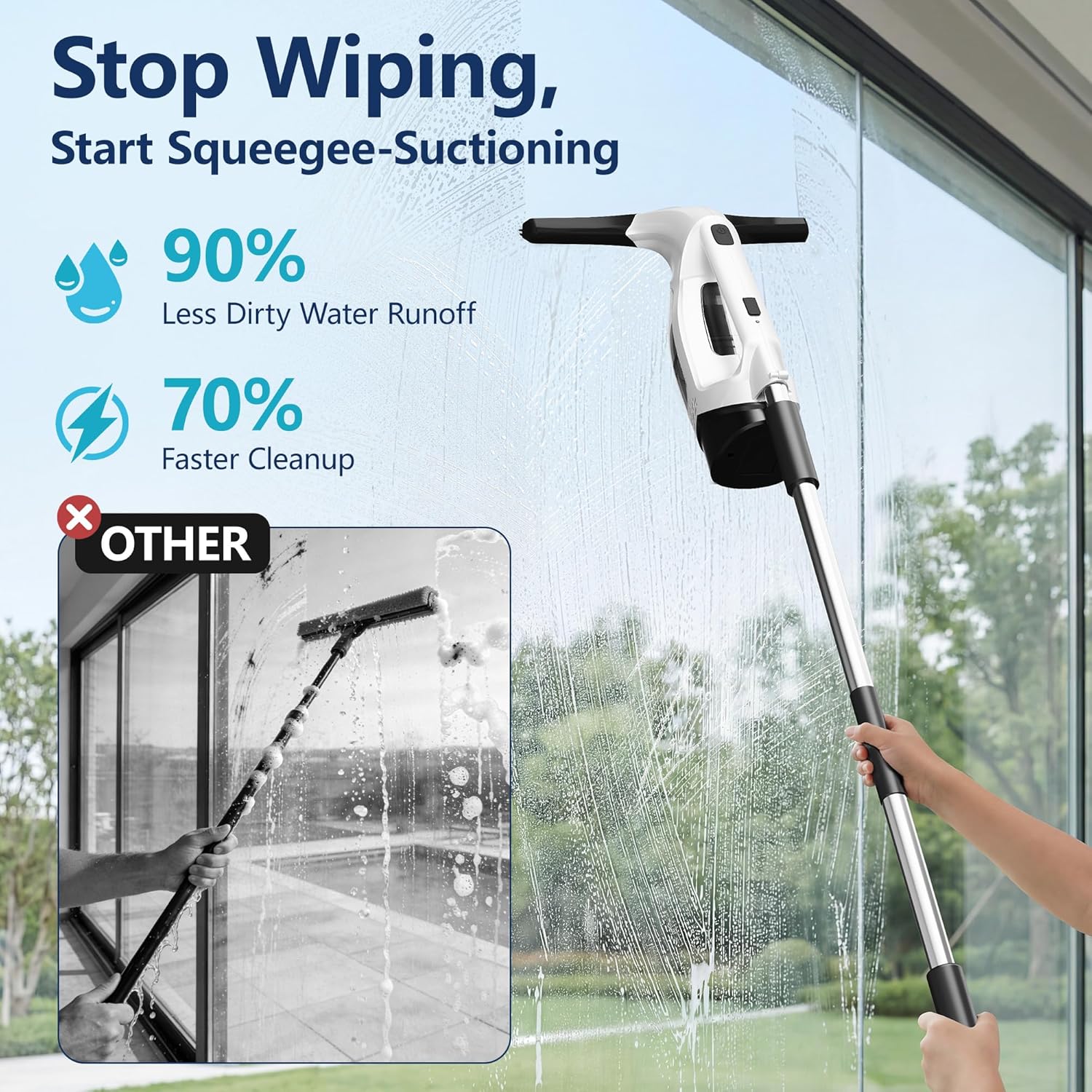 Thumbnail 2 de ZRHI Window Vacuum Squeegee with Extendable Pole (31-40 in) – 2000Pa, 2200mAh, 150ml Tank