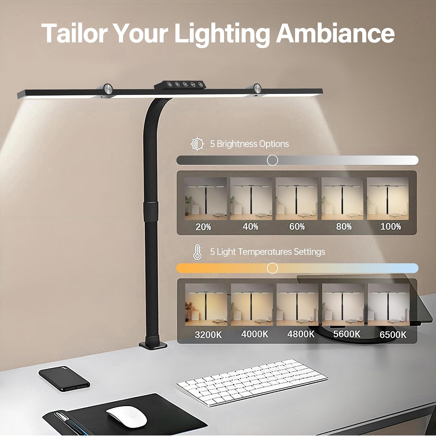 Detalle 2 de VOURTM ZT868 LED Clamp Desk Lamp, 24W, 69 cm Light Bar, Remote