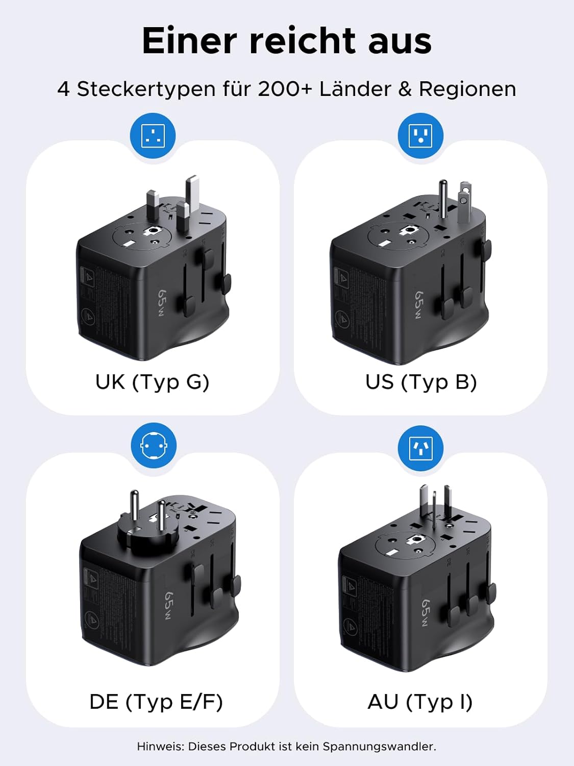 Detalle 2 de UGREEN 65W Reiseadapter weltweit mit 4 Ports đ