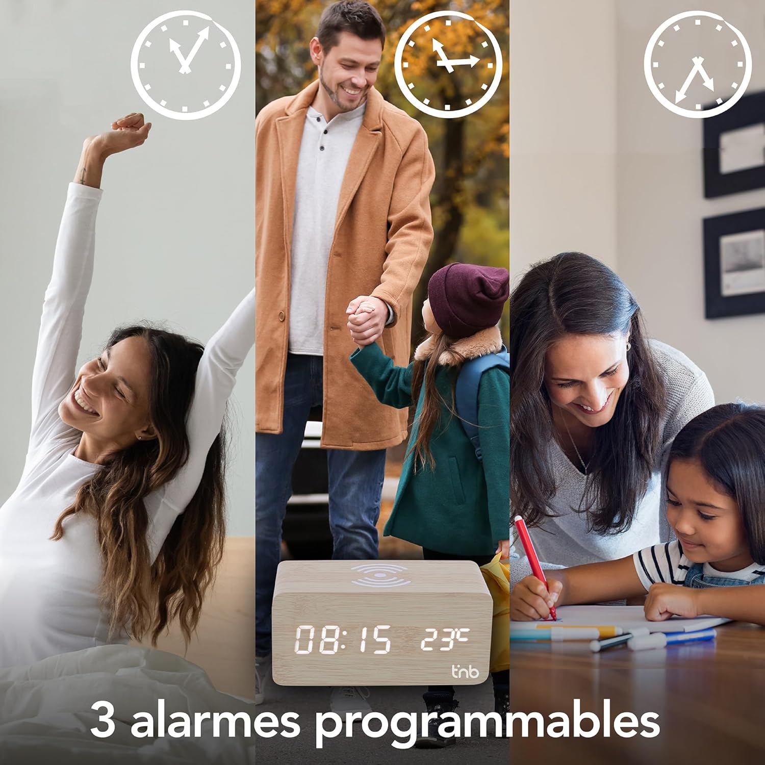 Thumbnail 1 de T'nB Réveil Dynamo avec Chargeur Induction 10W – Bois, 3 Alarmes et Luminosité Réglable