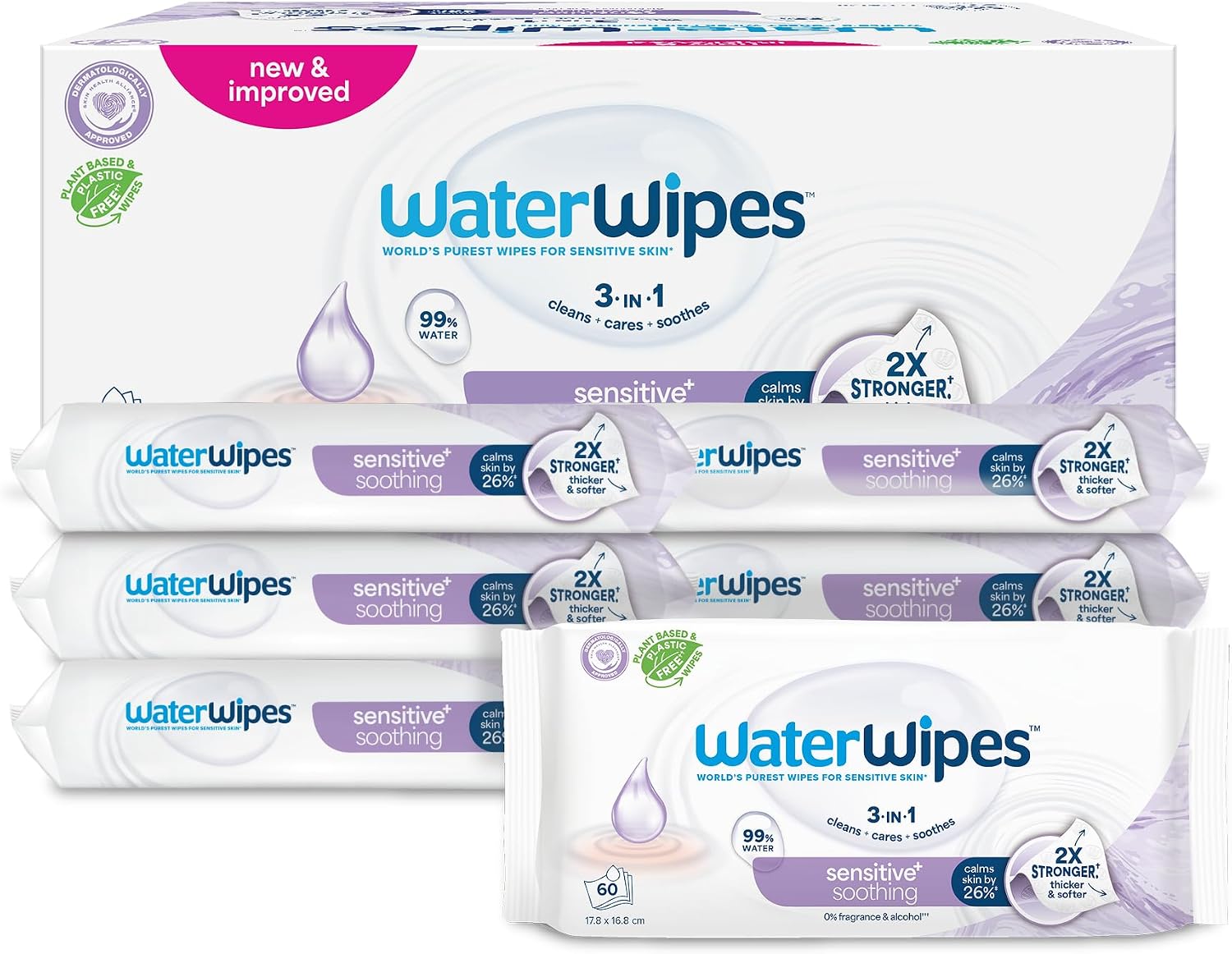 Detalle de WaterWipes Sensitive+ Soothing Clean Wipes – parfümfreie Beruhigungs-Babyfeuchttücher, 360 Stück (6 Packungen)