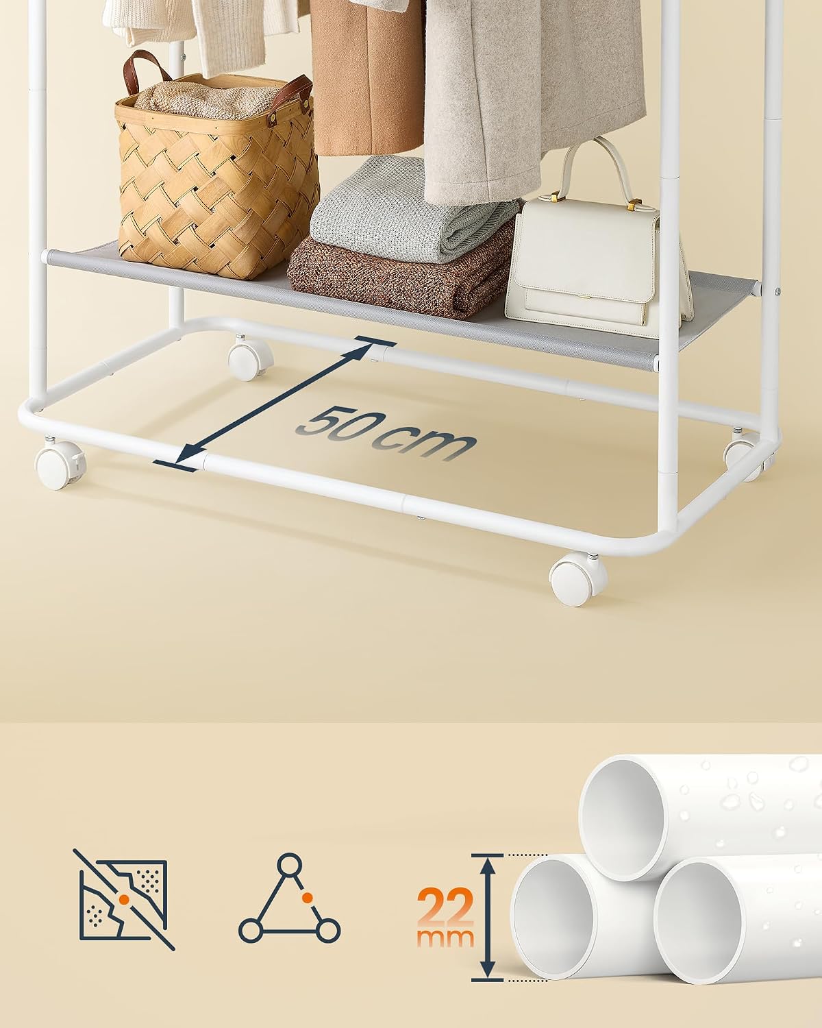 Thumbnail 6 de SONGMICS HOME ZINA Collection HSR171W01 kledingrek met wielen en twee roedes