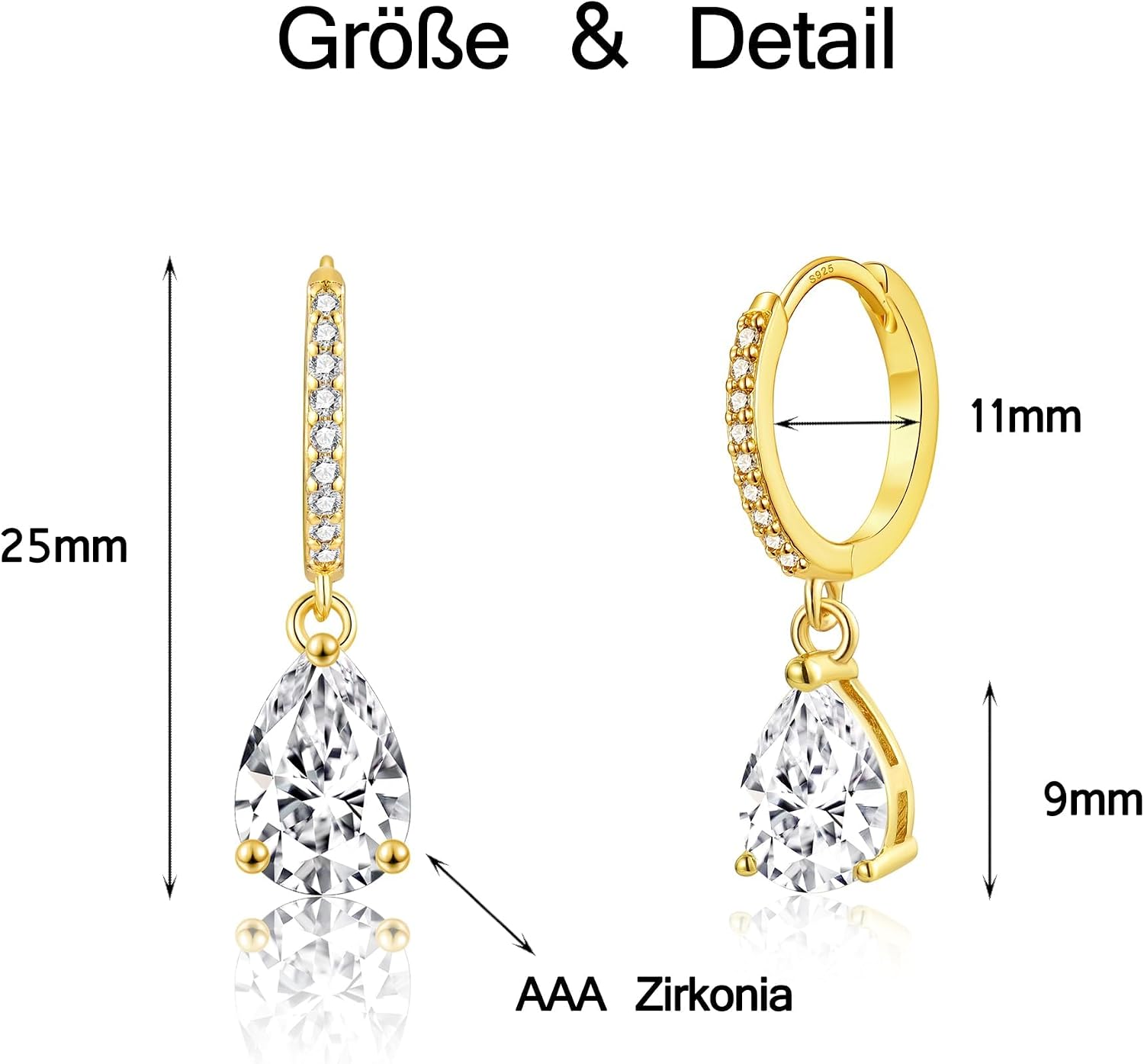 Detalle 2 de MASOP Ohrringe aus Silber 925 mit Zirkonia-Tropfen an Creolen inkl. Geschenkbox
