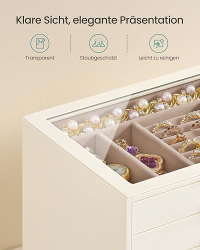 Detalle de SONGMICS Schmuckkästchen JBC205WD01 – 5 Ebenen, Glasdeckel, cremeweiß