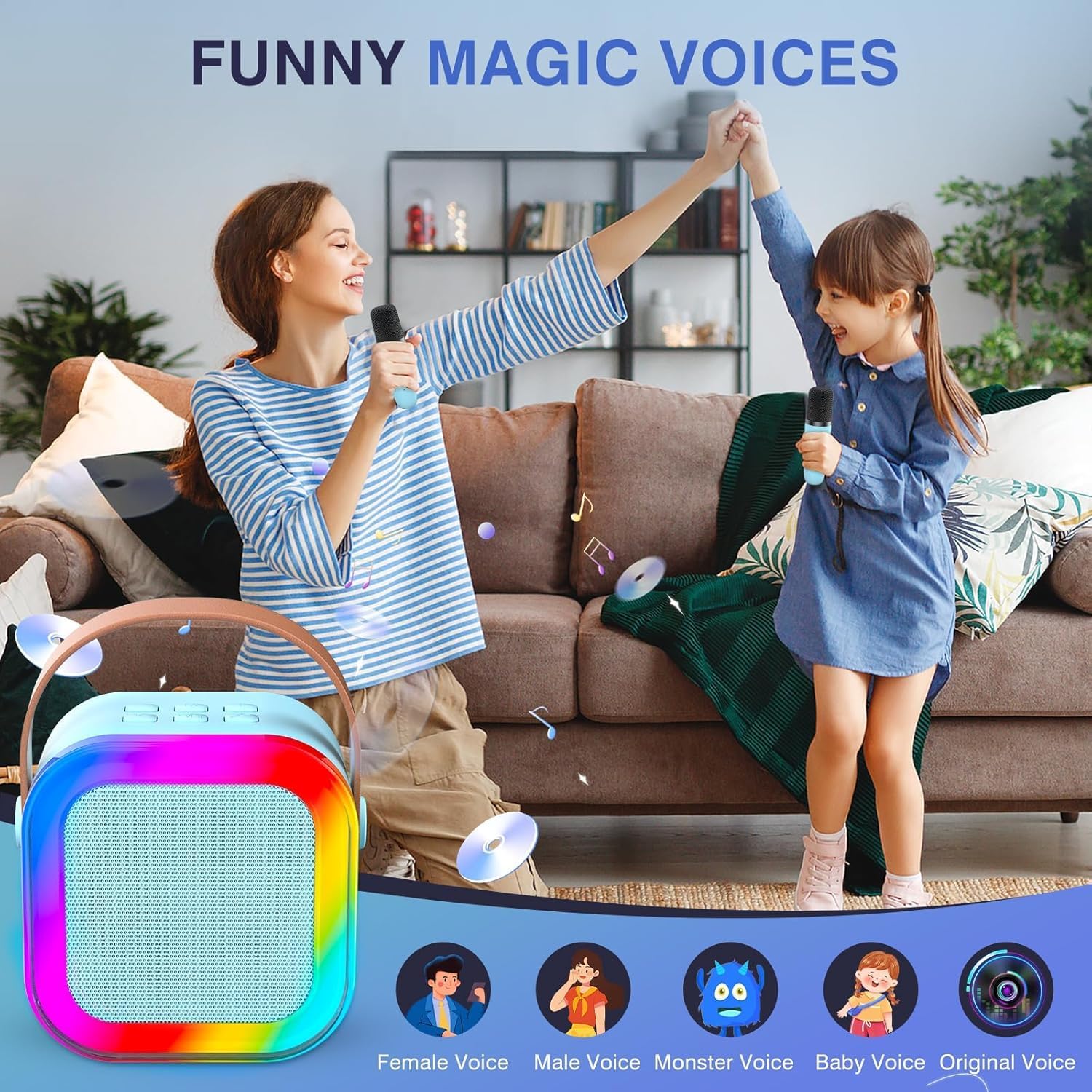 Thumbnail 6 de TAEMVV K12 Mini Karaoke Machine with 2 Wireless Microphones and LED Lights, Blue