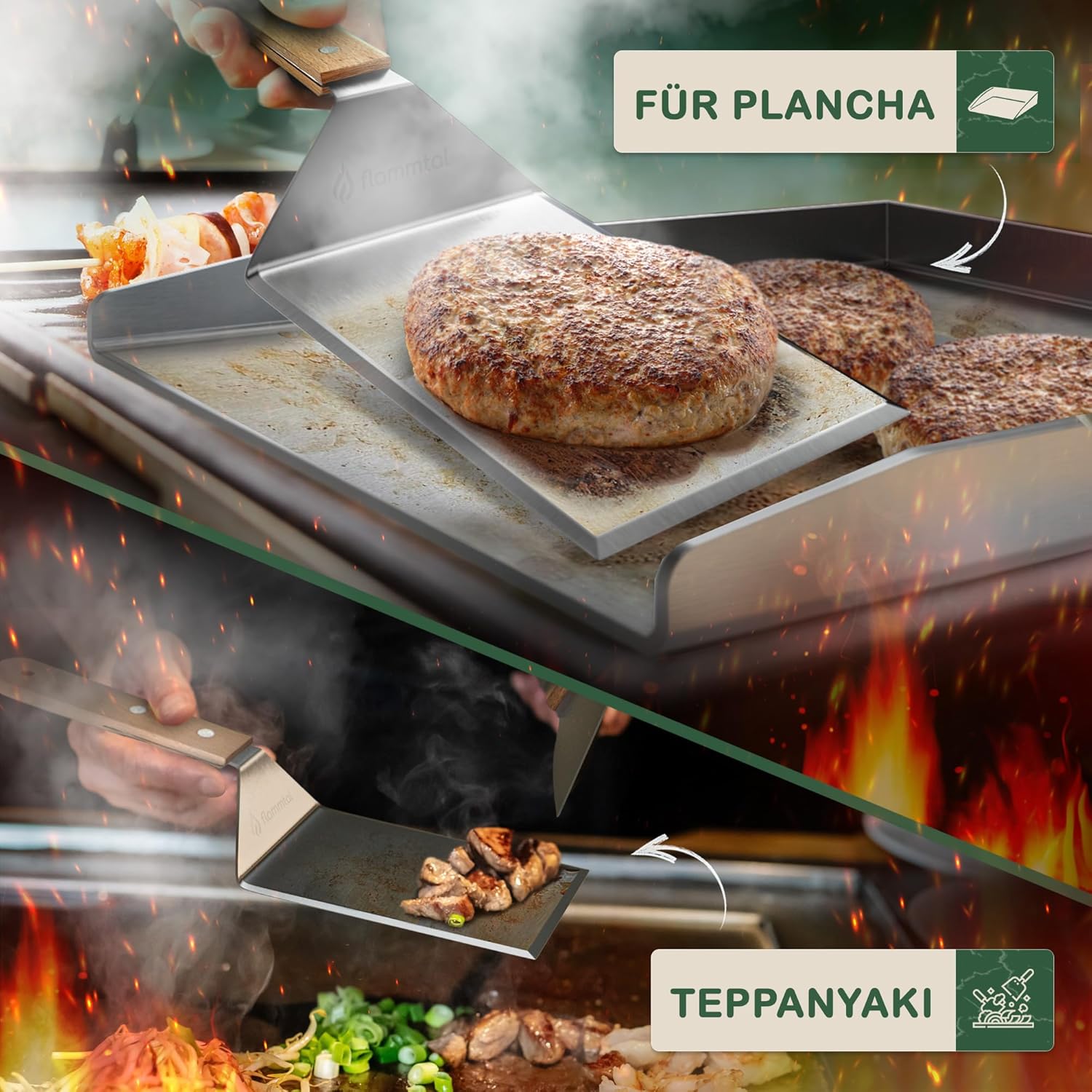 Detalle 2 de Flammtal Smash Burger Set – Edelstahl-Spachtel mit Echtholzgriff und 20 Burgerpapier