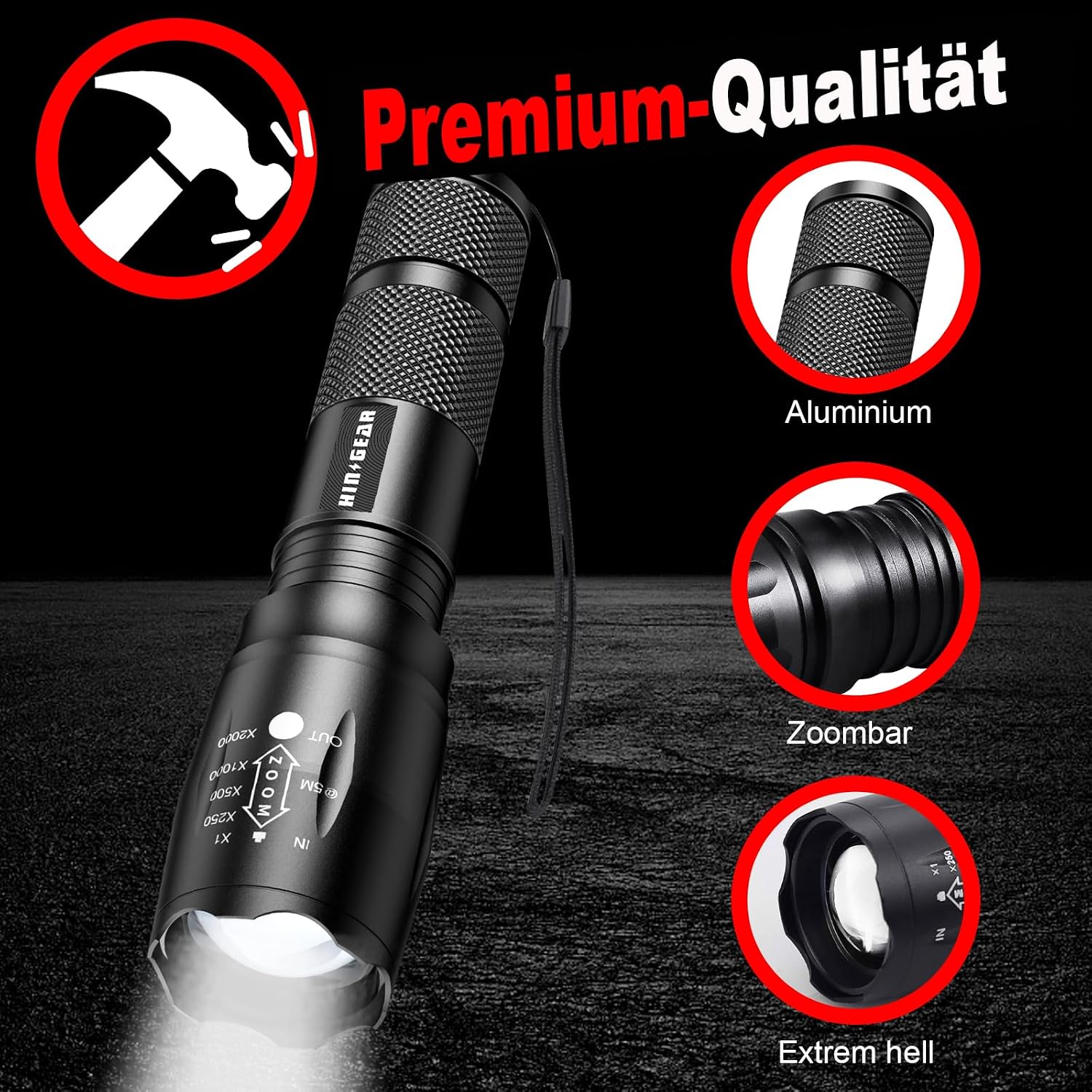Detalle de HinsGEAR 1 Modus Taschenlampe (4er-Set) – extrem helle LED-Handlampe aus Aluminium, IP65, zoombar