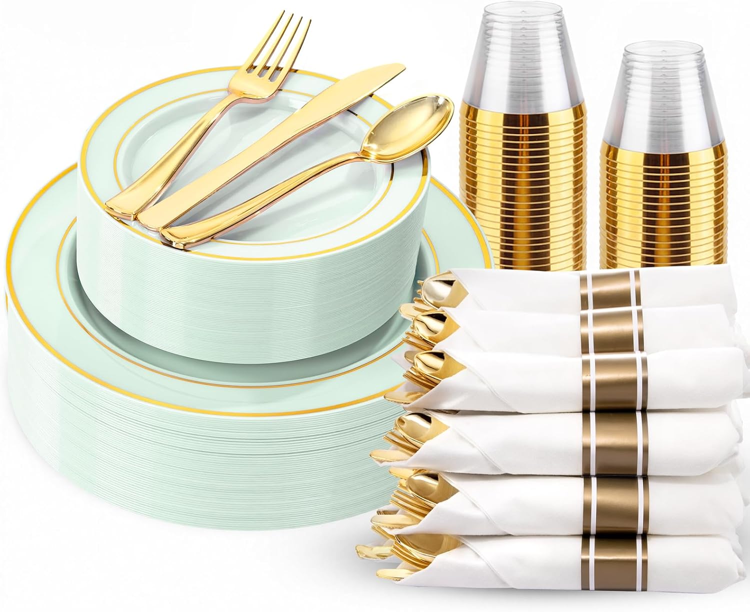 Detalle de WDF Partyware PET350 Sage Green Plastic Dinnerware Set, 175 Pieces with Gold-Rim Plates