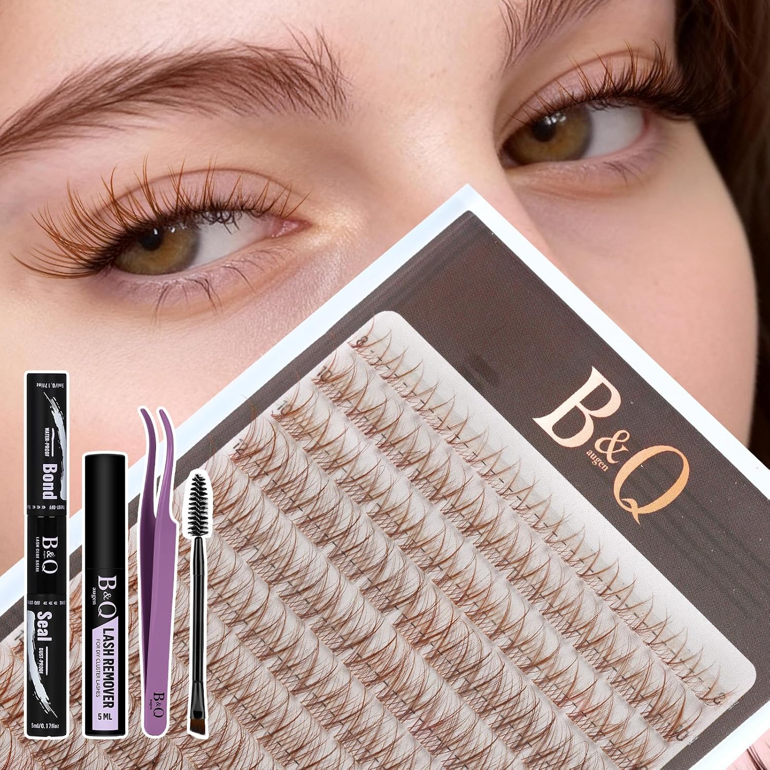 Detalle de B&Qaugen Lashes Extension Set Wispy Braun – DIY Braun Cluster-Lashes 8–16 mm, C-Curl mit Bond & Seal