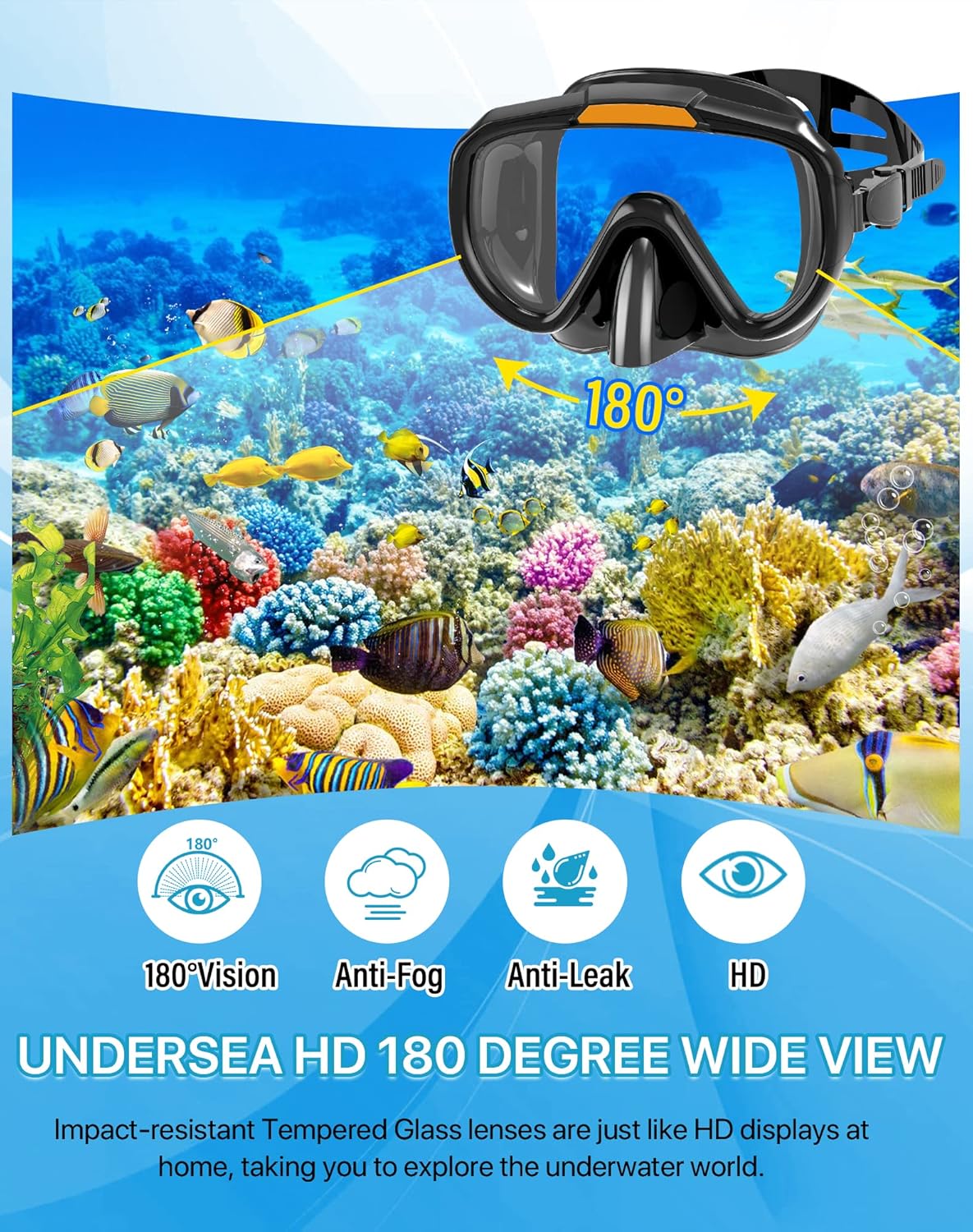 Detalle 2 de Ubekezele 4-in-1 Snorkeling Gear Set for Adults (Panoramic Mask, Dry-Top Snorkel, Adjustable Fins & Travel Bag)