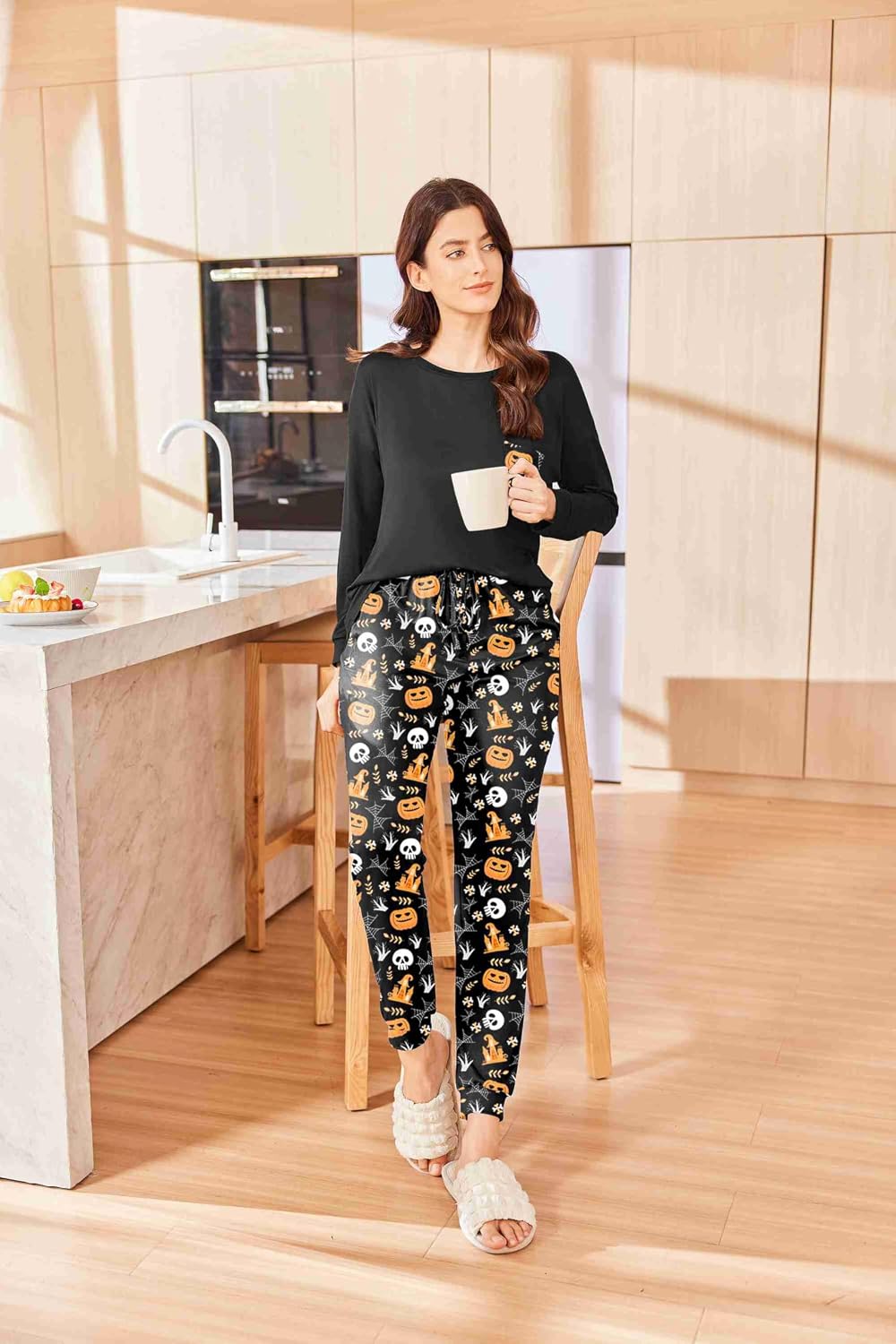 Detalle de Ekouaer Women's Long-Sleeve Jogger Pajama Set with Pockets