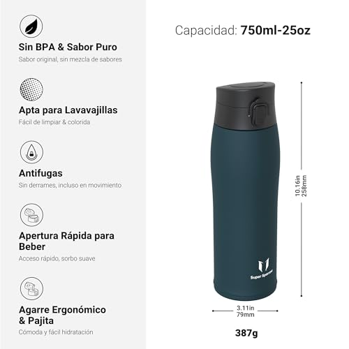 Detalle de Sparrow Botella Agua Acero Inox - 750 ml con 2 tapas, aislamiento al vacío