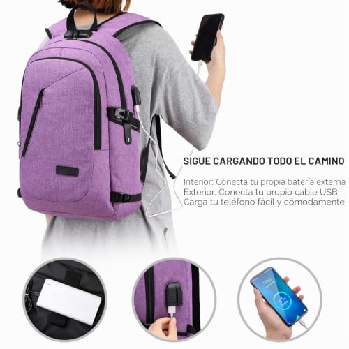 Detalle de WENIG Mochila Portátil para Mujer 15.6" — Impermeable, Antirrobo y USB, color Púrpura