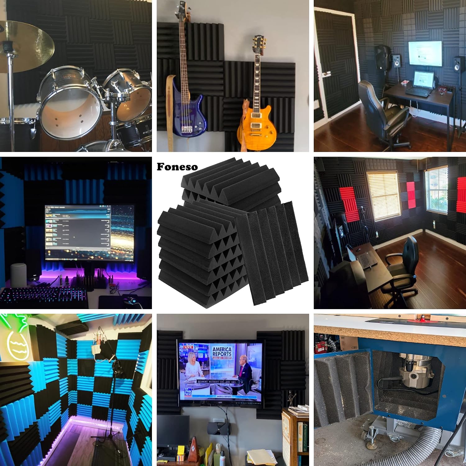 Thumbnail 6 de Foneso 12-Pack Acoustic Foam Panels, Black, 30 x 30 x 5 cm