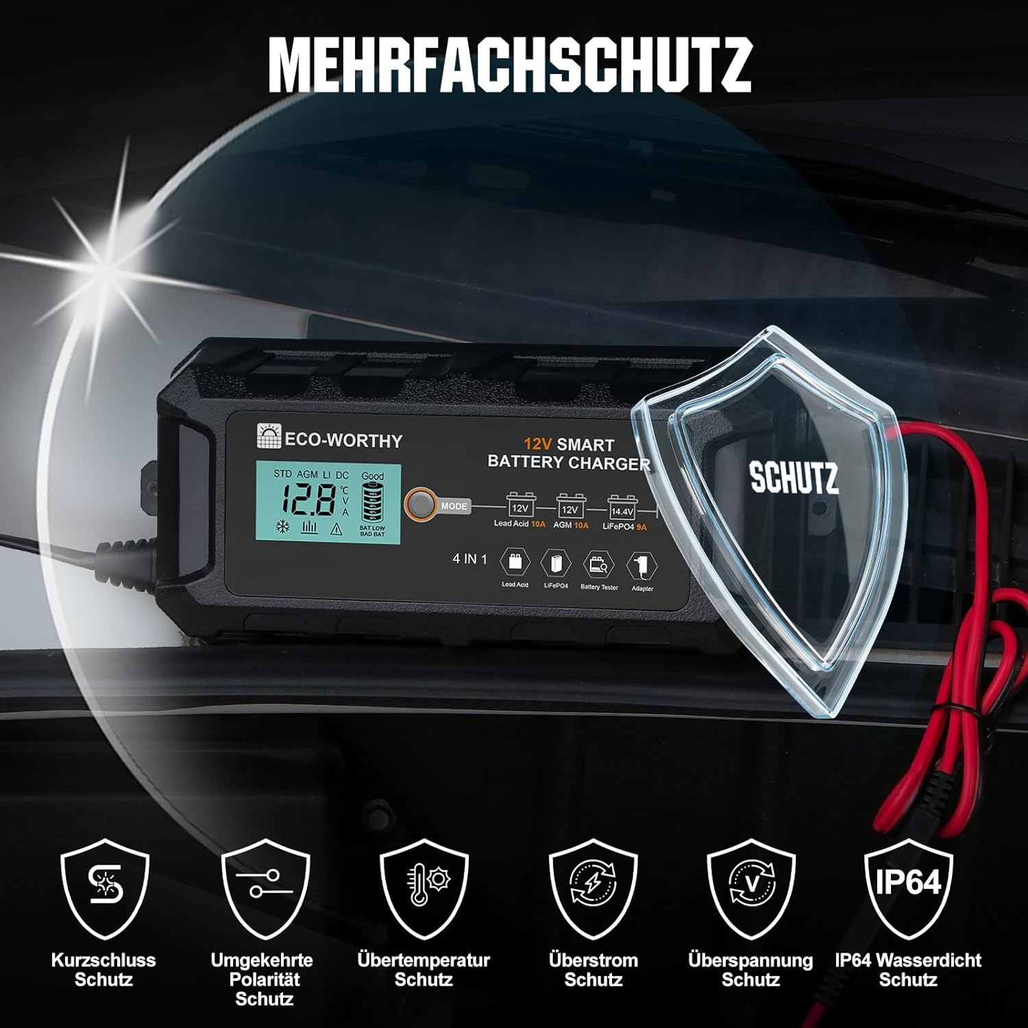 Thumbnail 4 de ECO-WORTHY 10A Autobatterie-Ladegerät für 12 V LiFePO4 & Blei-Säure (Erhaltungslader, Aktivierung)