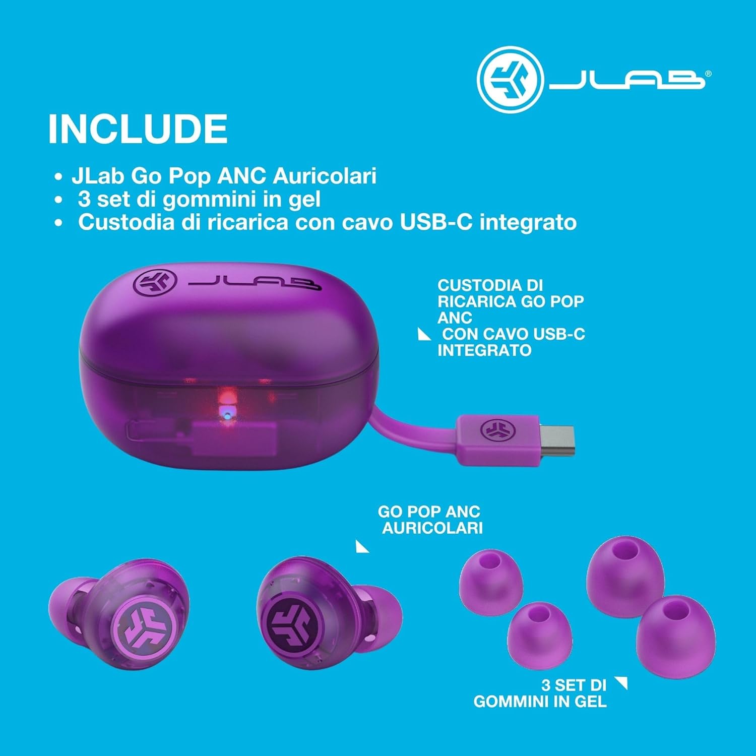 Thumbnail 5 de JLab Go Pop ANC Auricolari Bluetooth ANC con microfono, multipoint e batteria 24+ h (IP55) – Viola Trasparente