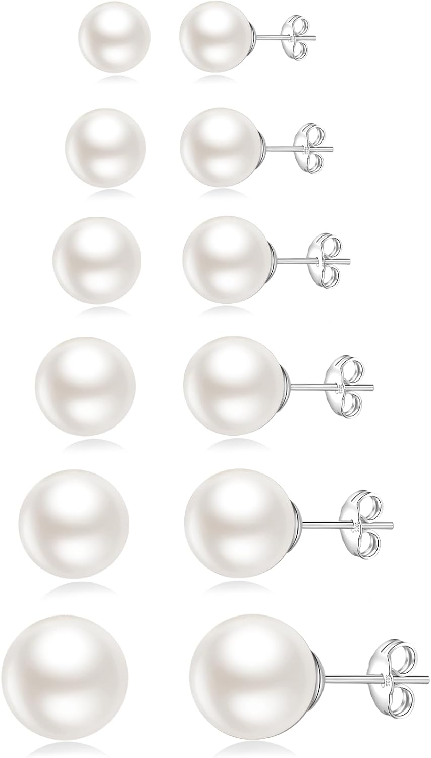 Detalle de Senteria 6 Pairs Pearl Stud Earrings for Women – Hypoallergenic 3/4/5/6/8/10mm Sterling Silver