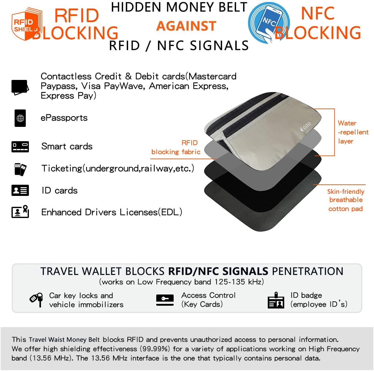 Detalle de Egoo Ultralight RFID Money Belt with Adjustable Elastic Strap (Grey) + 3 RFID Card Protector Sleeves