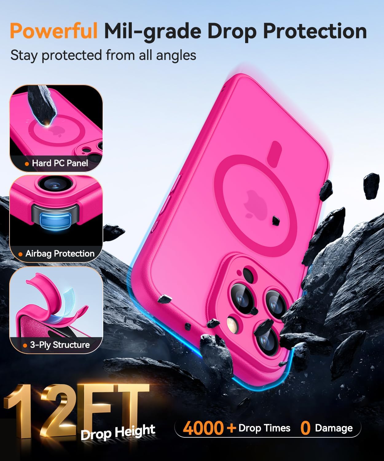 Thumbnail 5 de CANSHN Coque Magnétique pour iPhone 15 Pro Max – Protection complète de la caméra, fond mat translucide, Rose vif