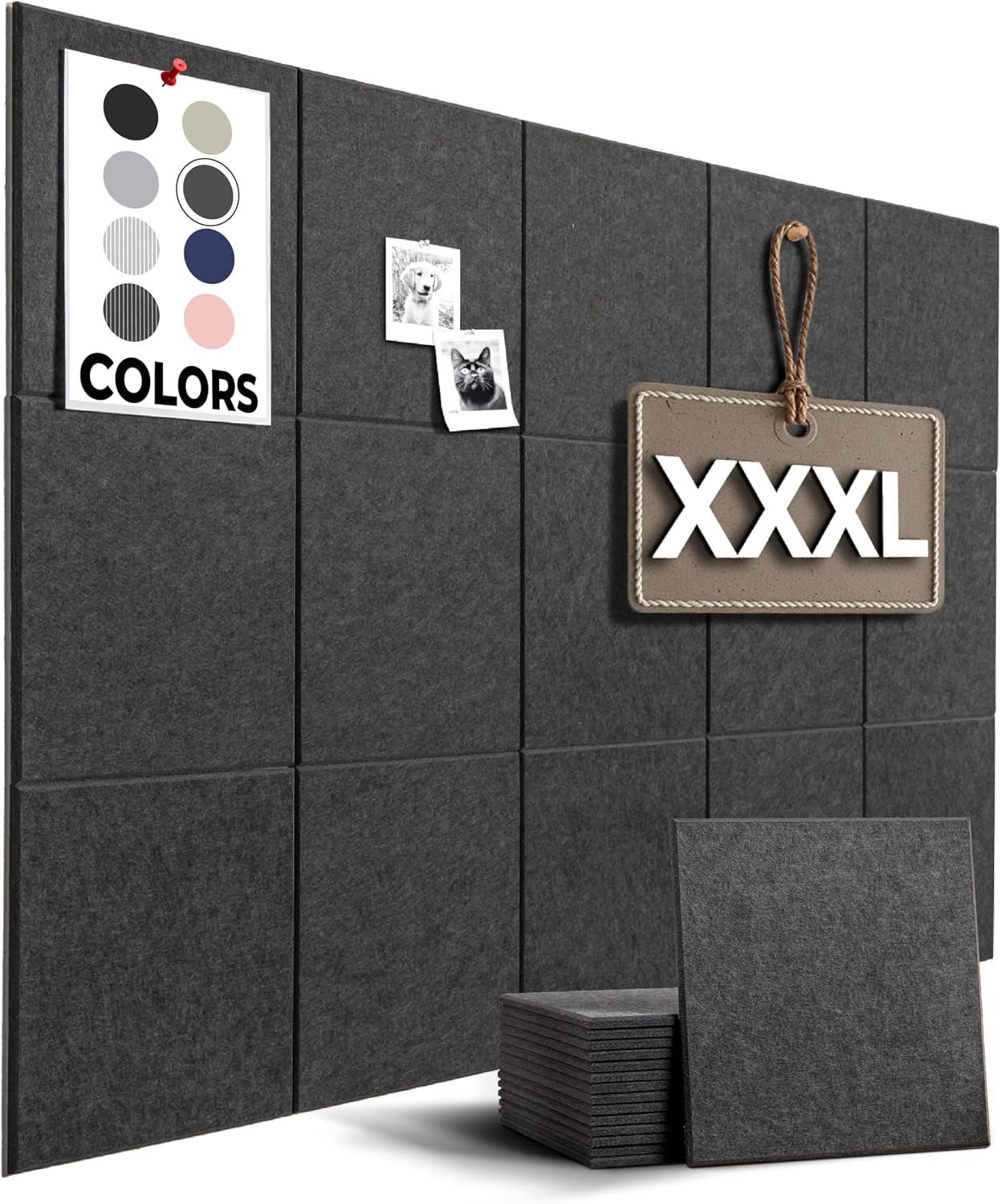 Detalle de WallHero 15x_12inch Felt Bulletin Board Tiles, 15-Pack, Charcoal